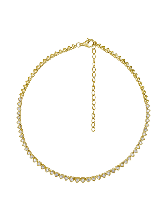 14k Yellow Gold Diamond Heart Tennis Necklace