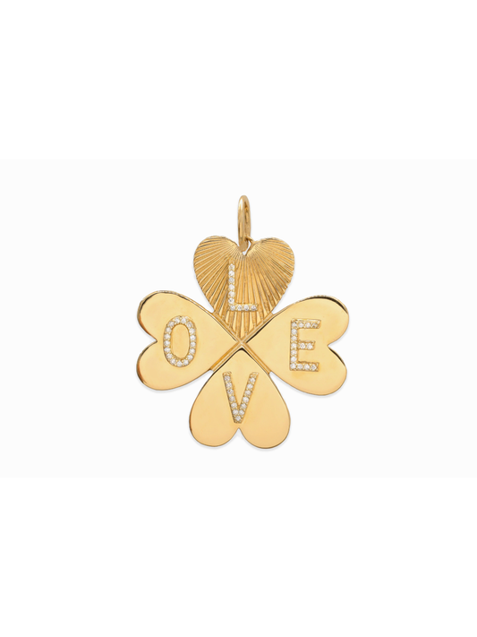 14k Yellow Gold Diamond Large Clover Heart Love Charm