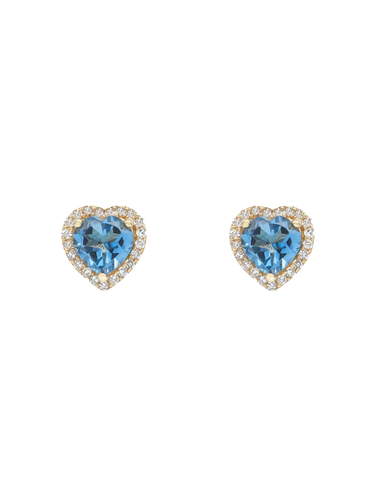 14k Yellow Gold Diamond Blue Topaz Heart Earrings
