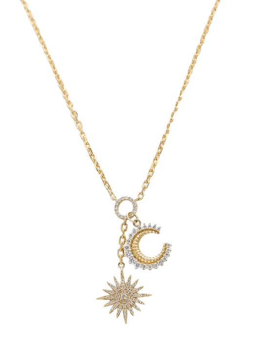 14k Yellow Gold Diamond Celestial Moon and Star Charm Necklace