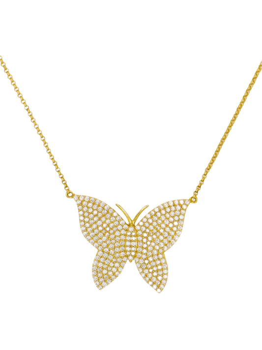 14k Yellow Gold Diamond Large Butterfly Necklace
