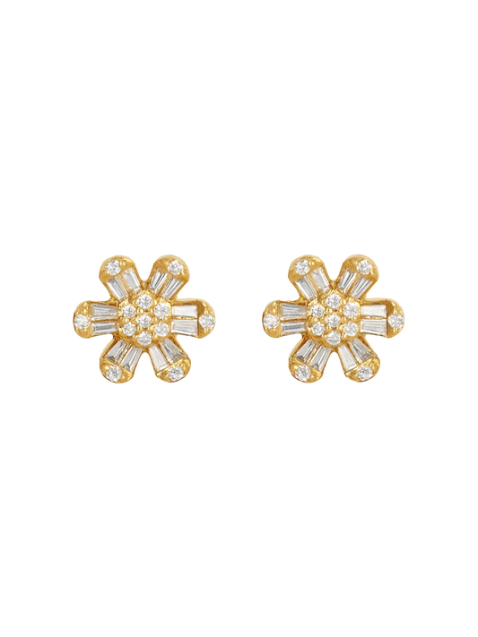 14k Yellow Gold Diamond Baguette Daisy Earrings