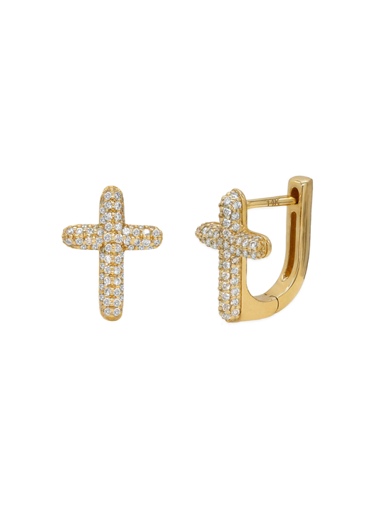 14k Yellow Gold Diamond Bubble Pave Cross Earrings