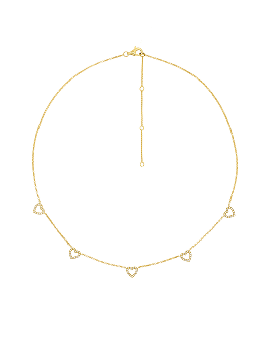 14k Yellow Gold Diamond 5 Heart Necklace