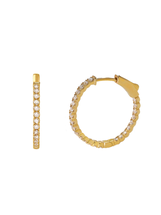 14k Yellow Gold Diamond 1 inch Hoop Earrings