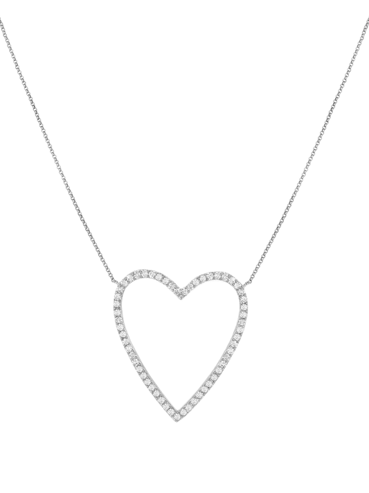 14k White Gold Diamond Large Open Heart Necklace