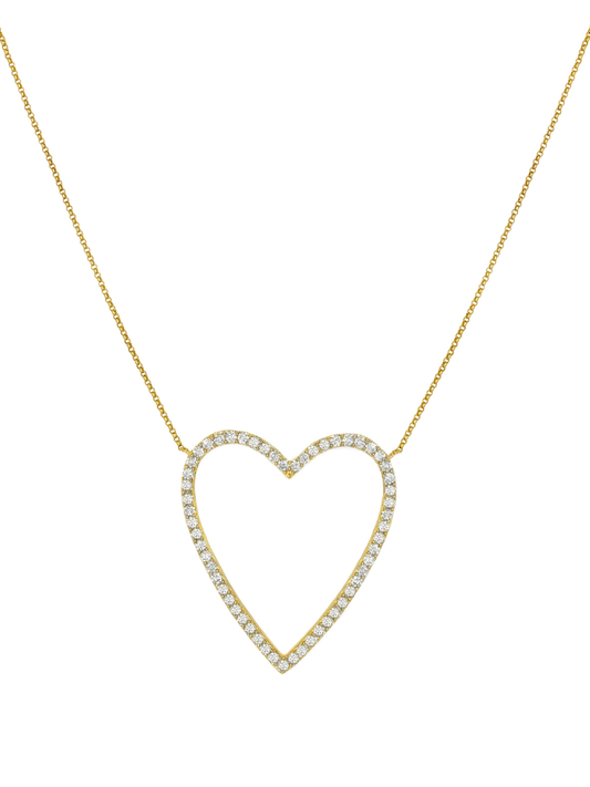 14k Yellow Gold Diamond Large Open Heart Necklace