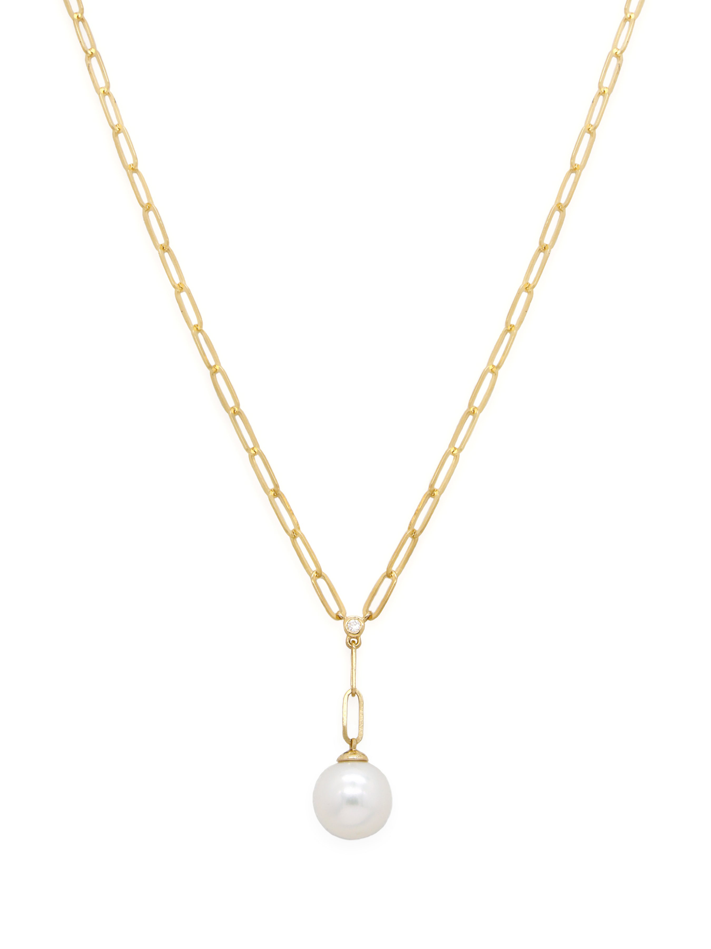 14k Yellow Gold Pearl/Diamond Paperclip Necklace