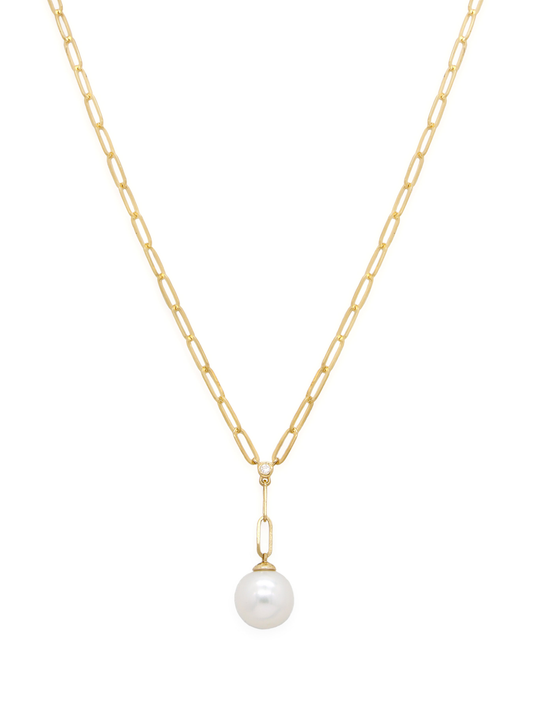 14k Yellow Gold Pearl/Diamond Paperclip Necklace