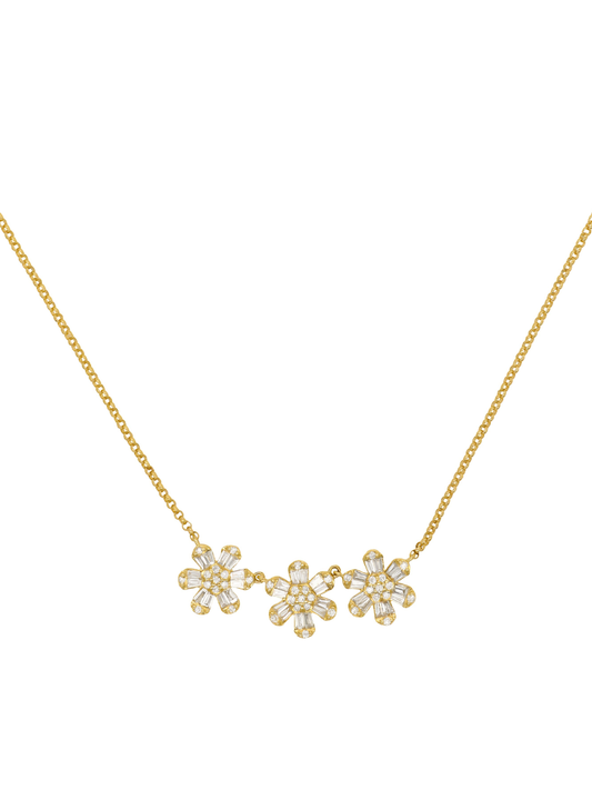 14k Yellow Gold Diamond Baguette Daisy Necklace