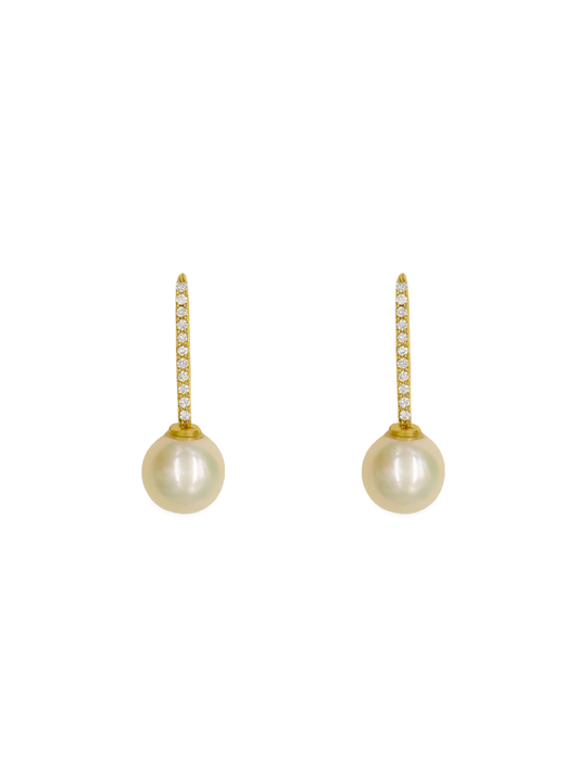 14k Yellow Gold Pearl Diamond Bar Earrings