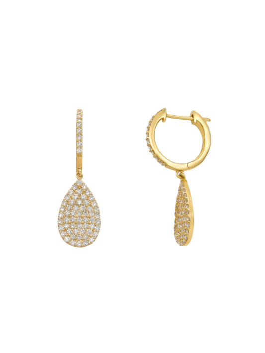 14k Yellow Gold Pave Diamond Teardrop Huggie Earrings