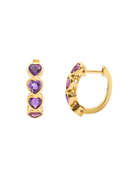 14k Yellow Gold Heart Amethyst Huggie Earrings