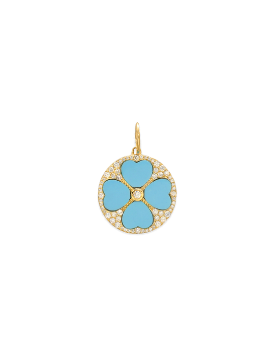 14k Yellow Gold Diamond/Blue Turquoise Heart Coin Charm