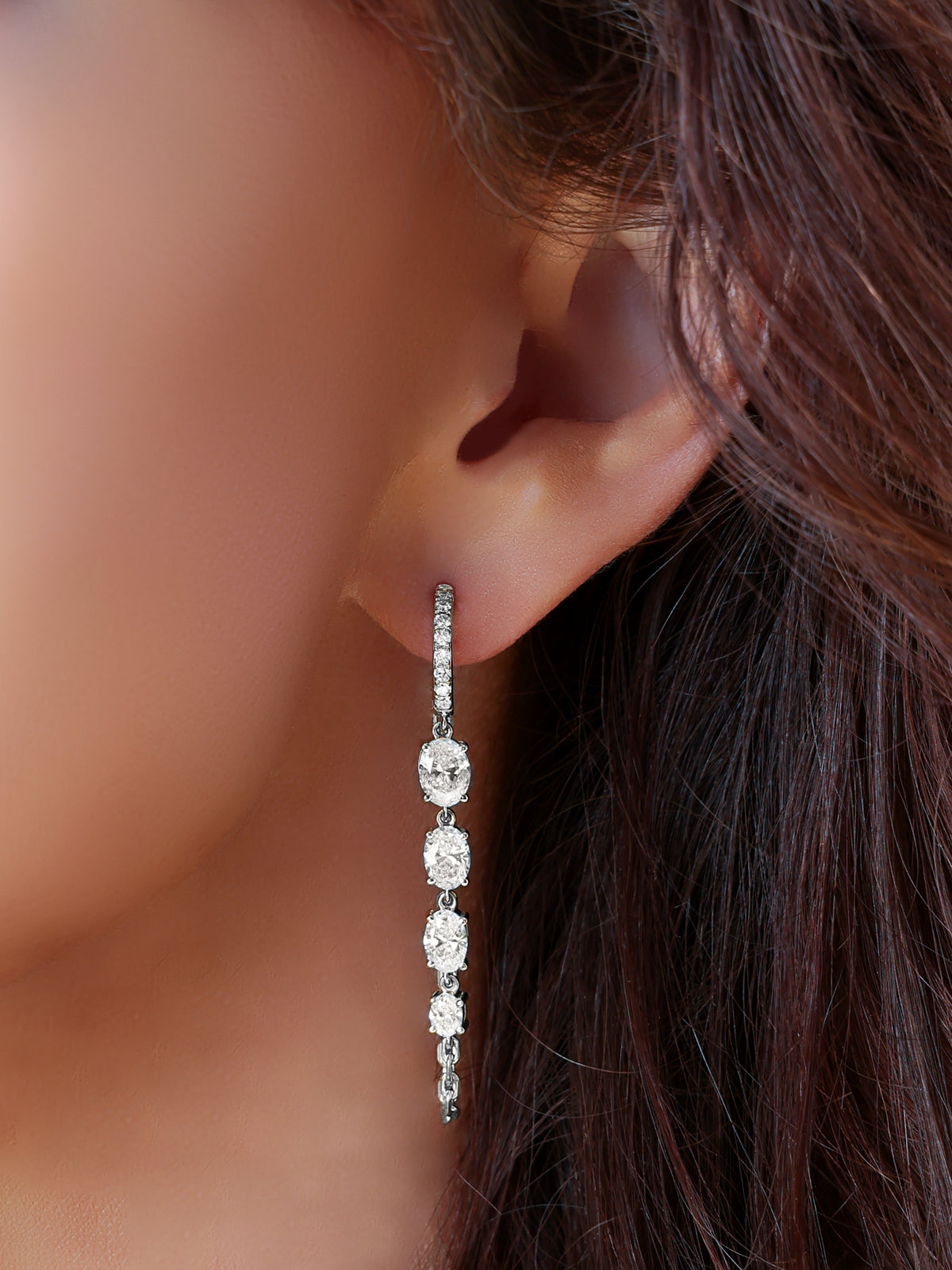 14k White Gold Lab Diamond Chain Huggie Earrings
