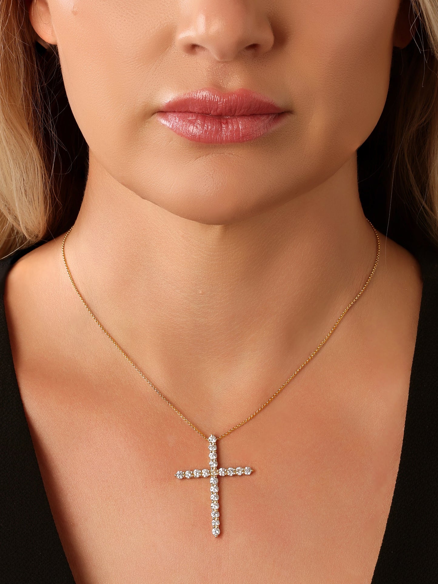 14k Yellow Gold Diamond Large Cross Necklace