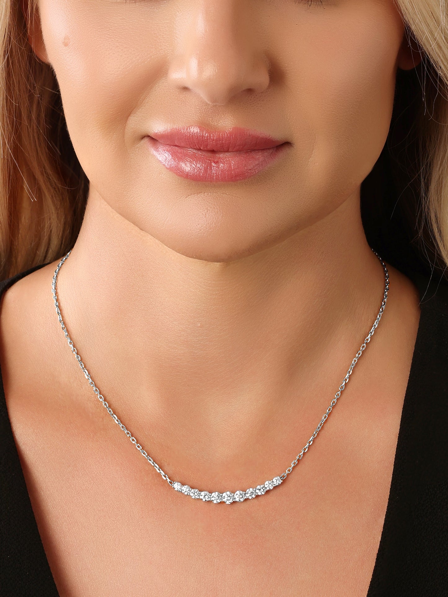 14k White Gold Diamond Large Curved Bar Necklace