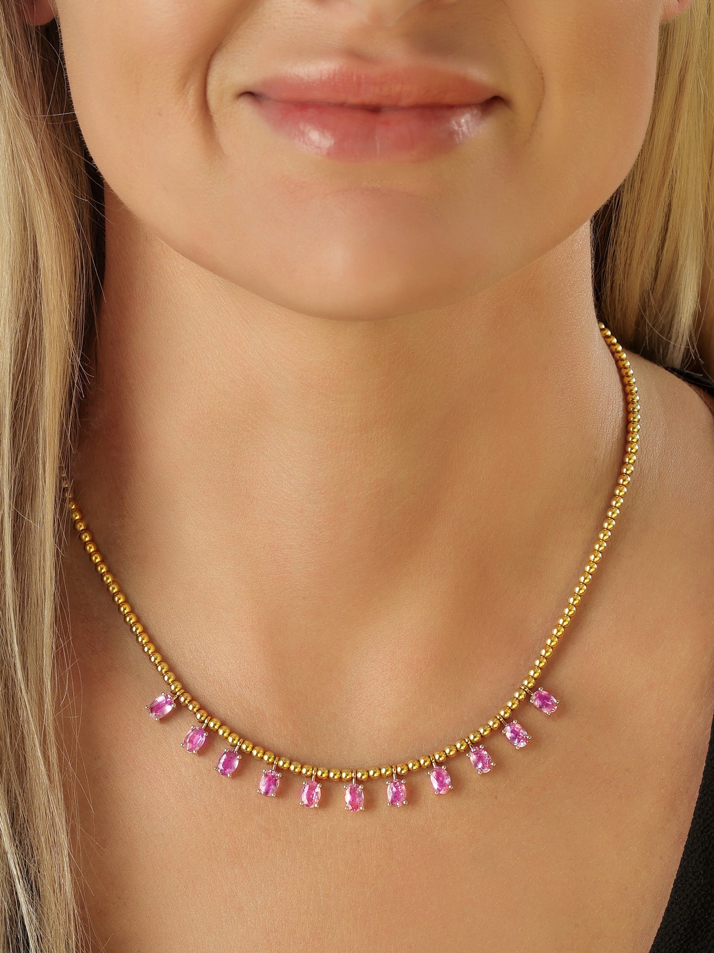 14k Yellow Gold Pink Sapphire Drop Necklace