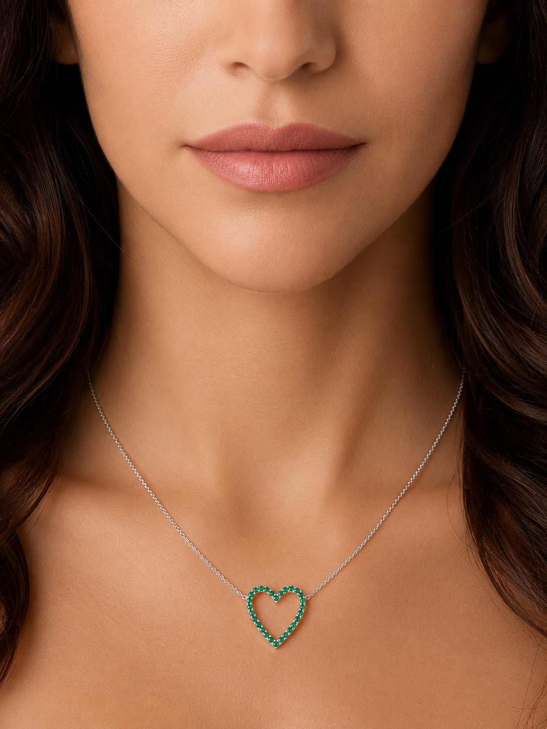 14k White Gold Lab Emerald Open Heart Necklace