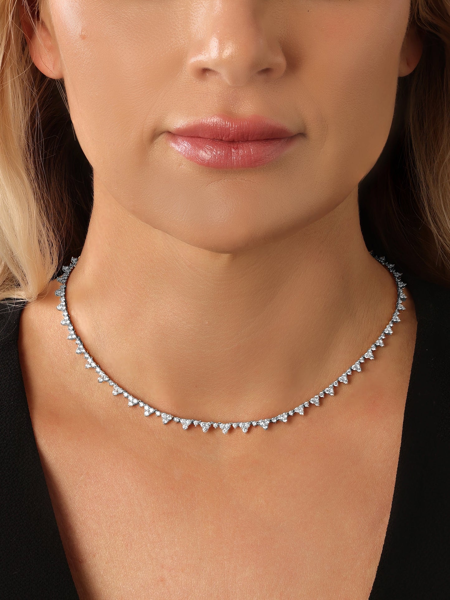 14k White Gold Diamond Triangle Cluster Tennis Necklace