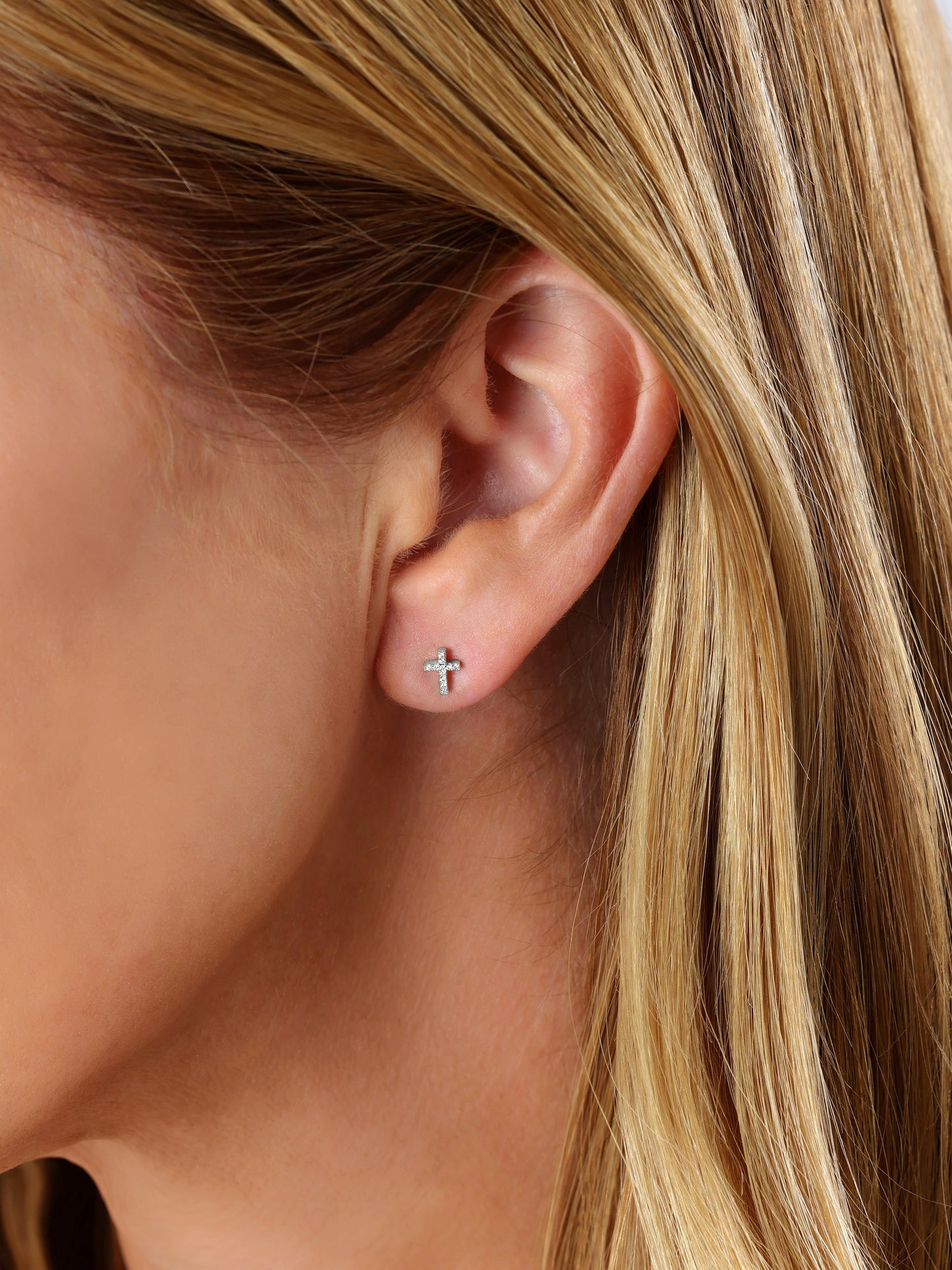 14k White Gold Diamond Mini Cross Earrings