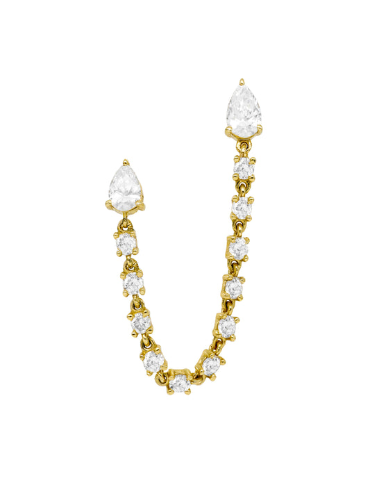 14k Yellow Gold Diamond Double Pear Post Chain Earrings
