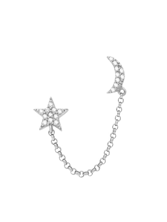14k White Gold Diamond Double Star/Moon Post Chain Earrings