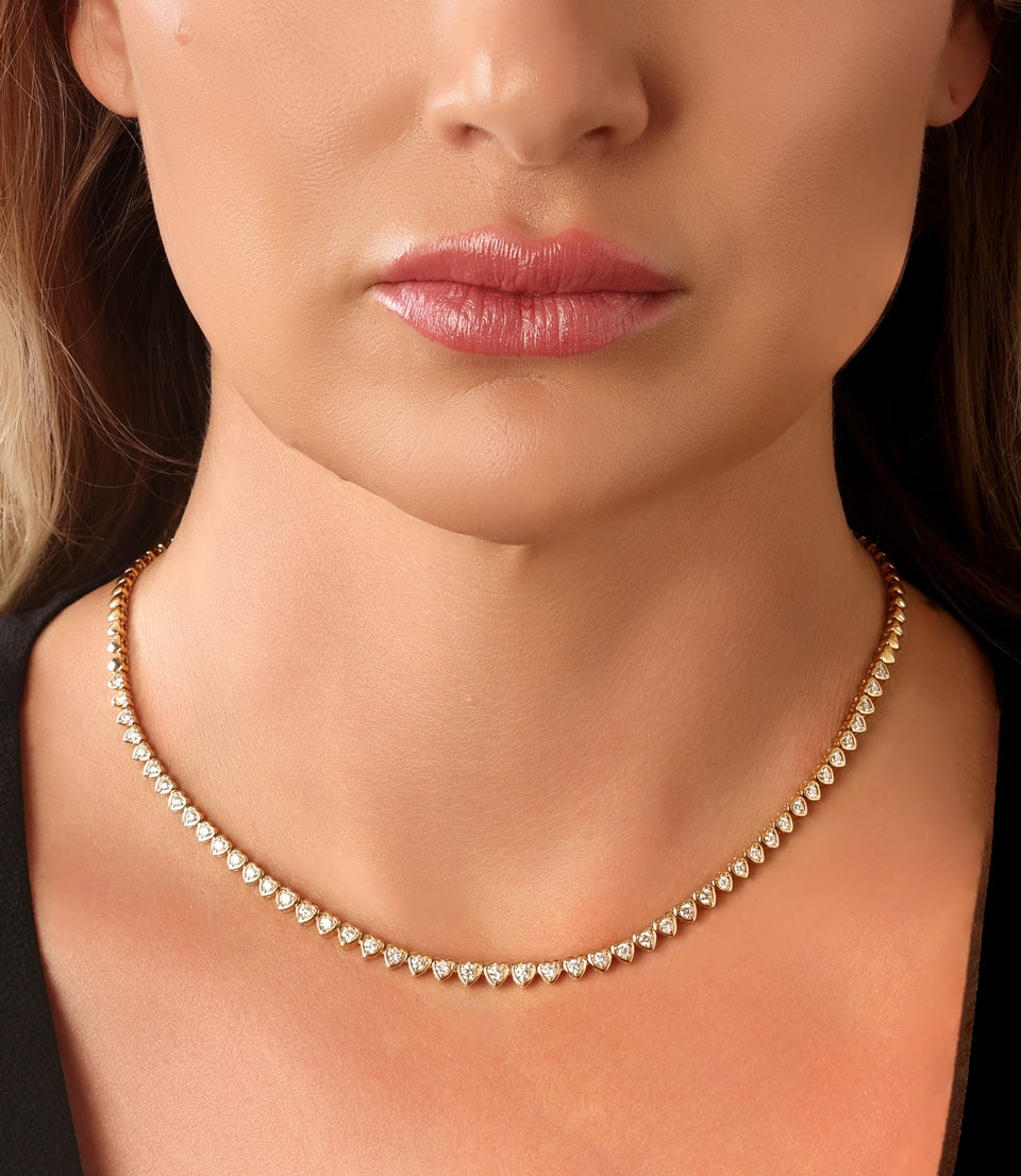 14k Yellow Gold Diamond Heart Tennis Necklace