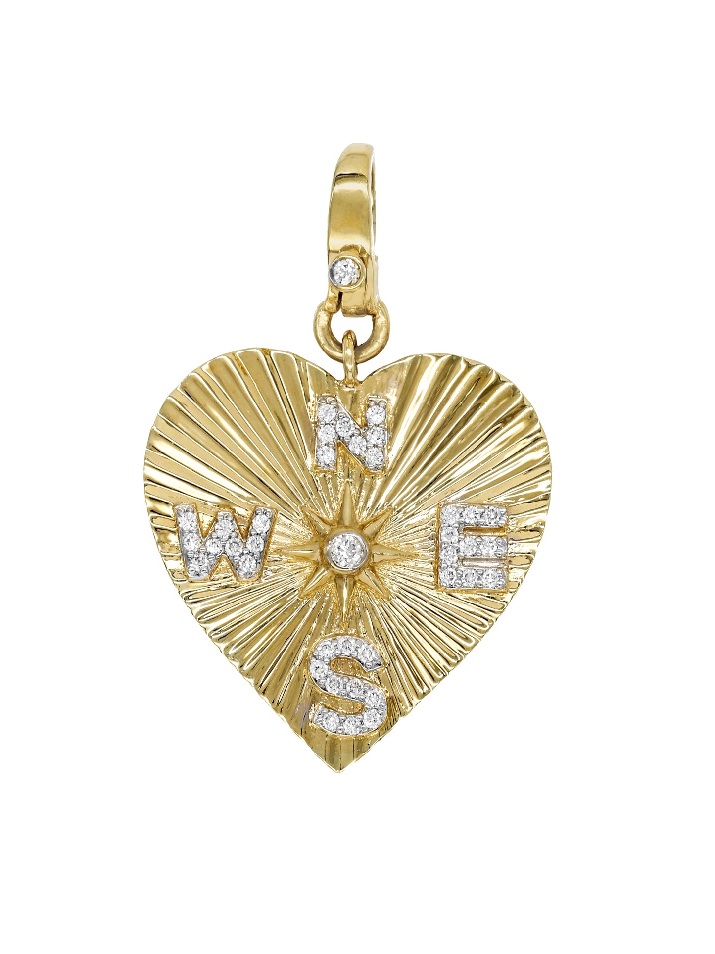 14k Yellow Gold Diamond Compass Heart Lobster Clasp Charm