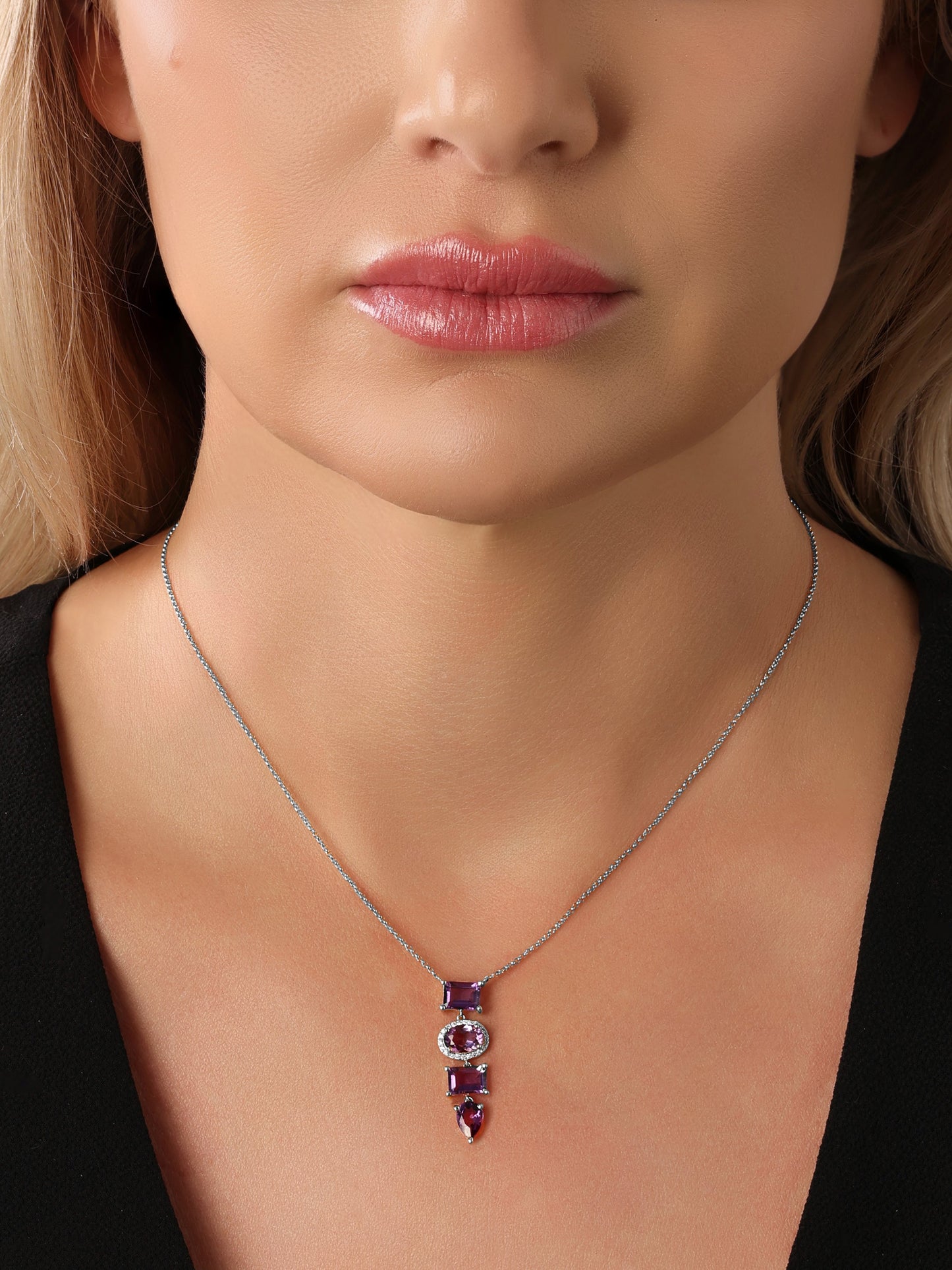 14k White Gold Diamond/Amethyst Drop Necklace