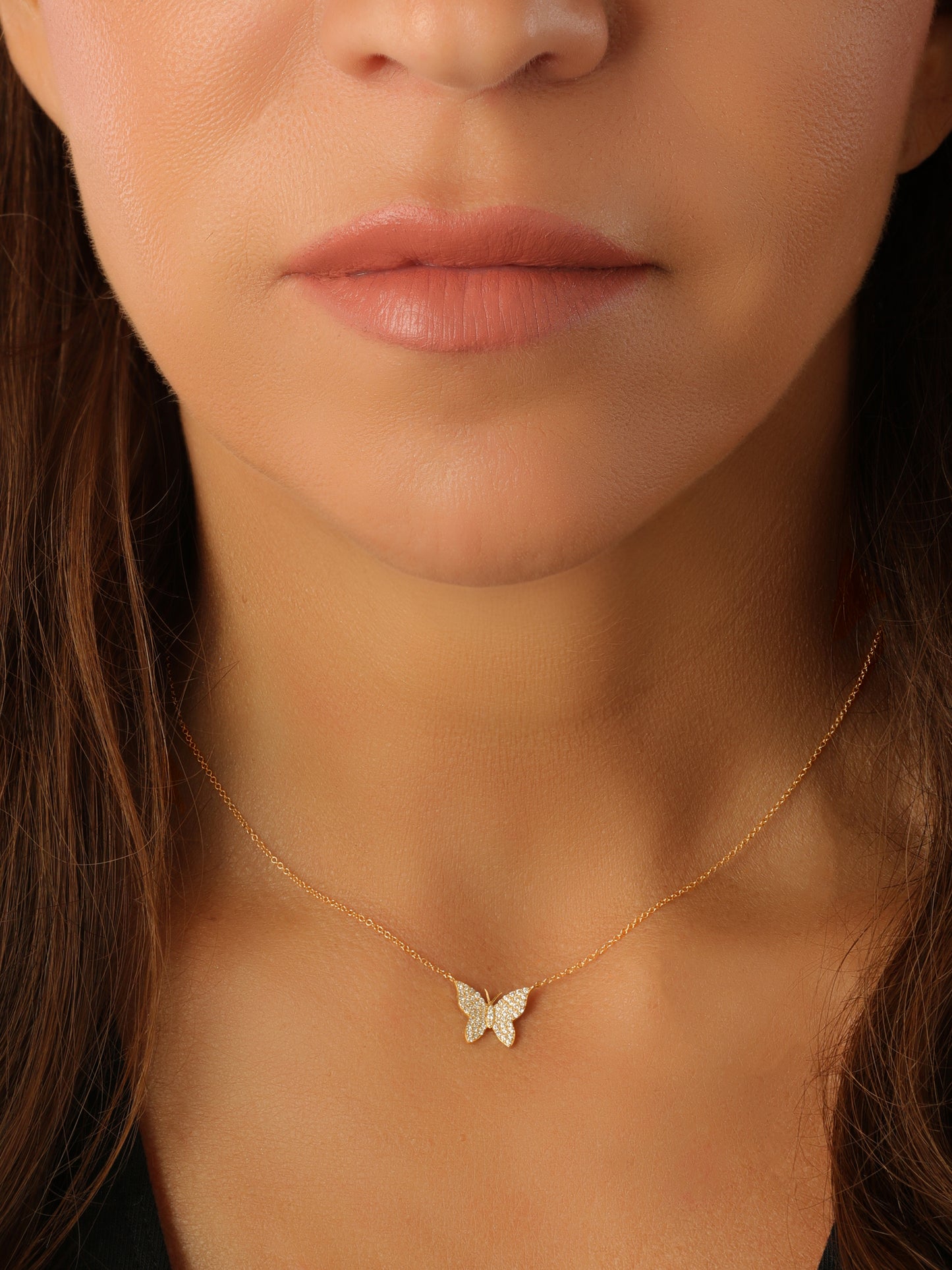 14k Yellow Gold Diamond Small Butterfly Necklace
