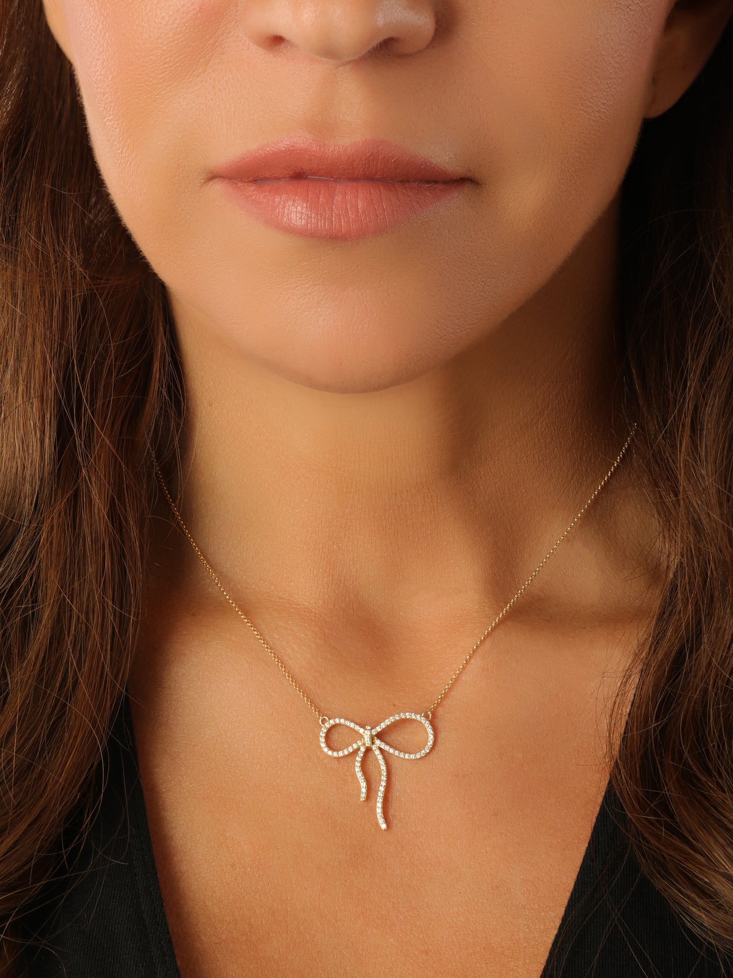14k Yellow Gold Diamond Bow Necklace