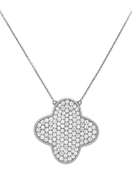 14k White Gold Diamond Large Clover Necklace