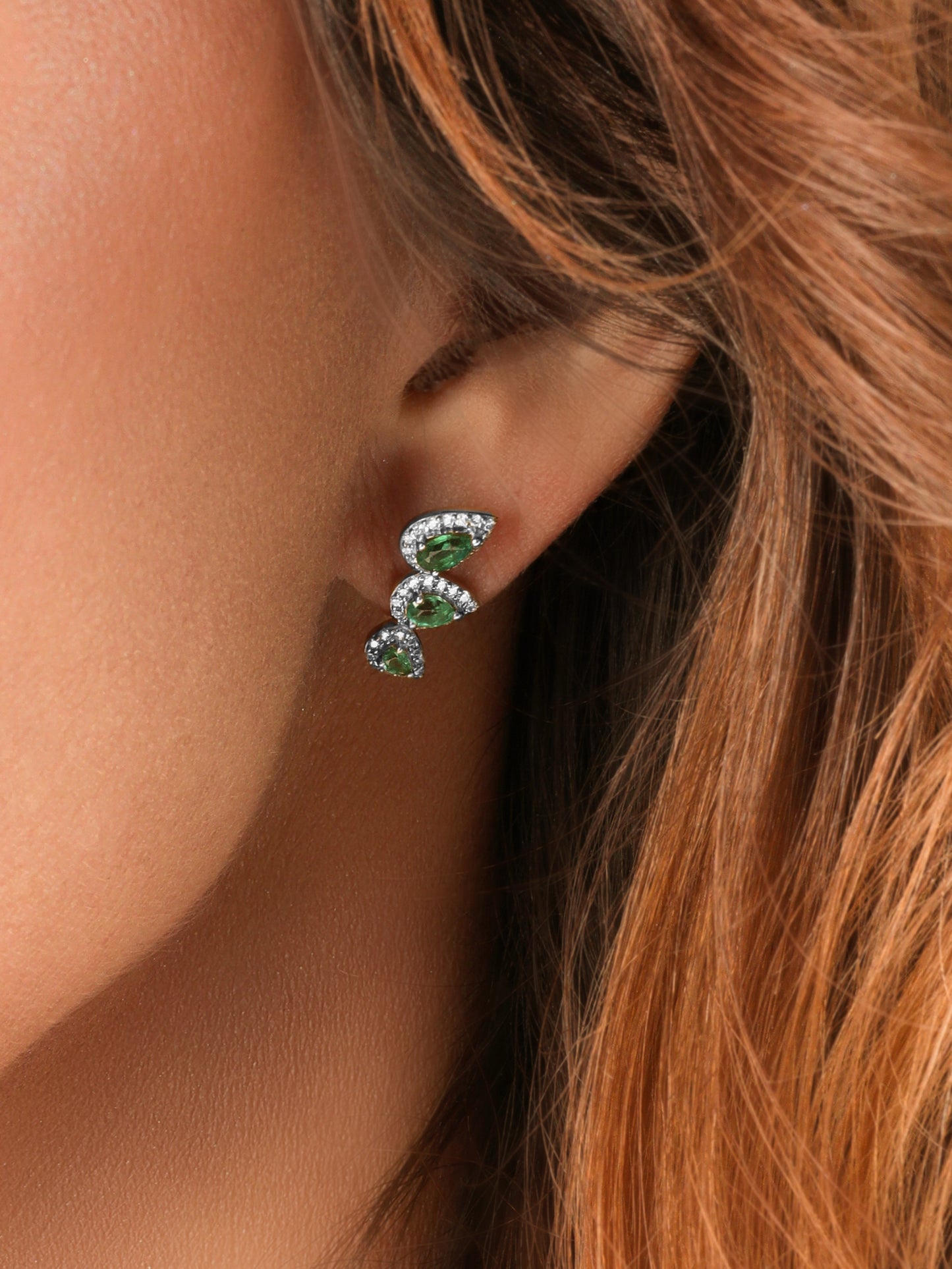 14k White Gold Diamond Emerald Crawler Earrings