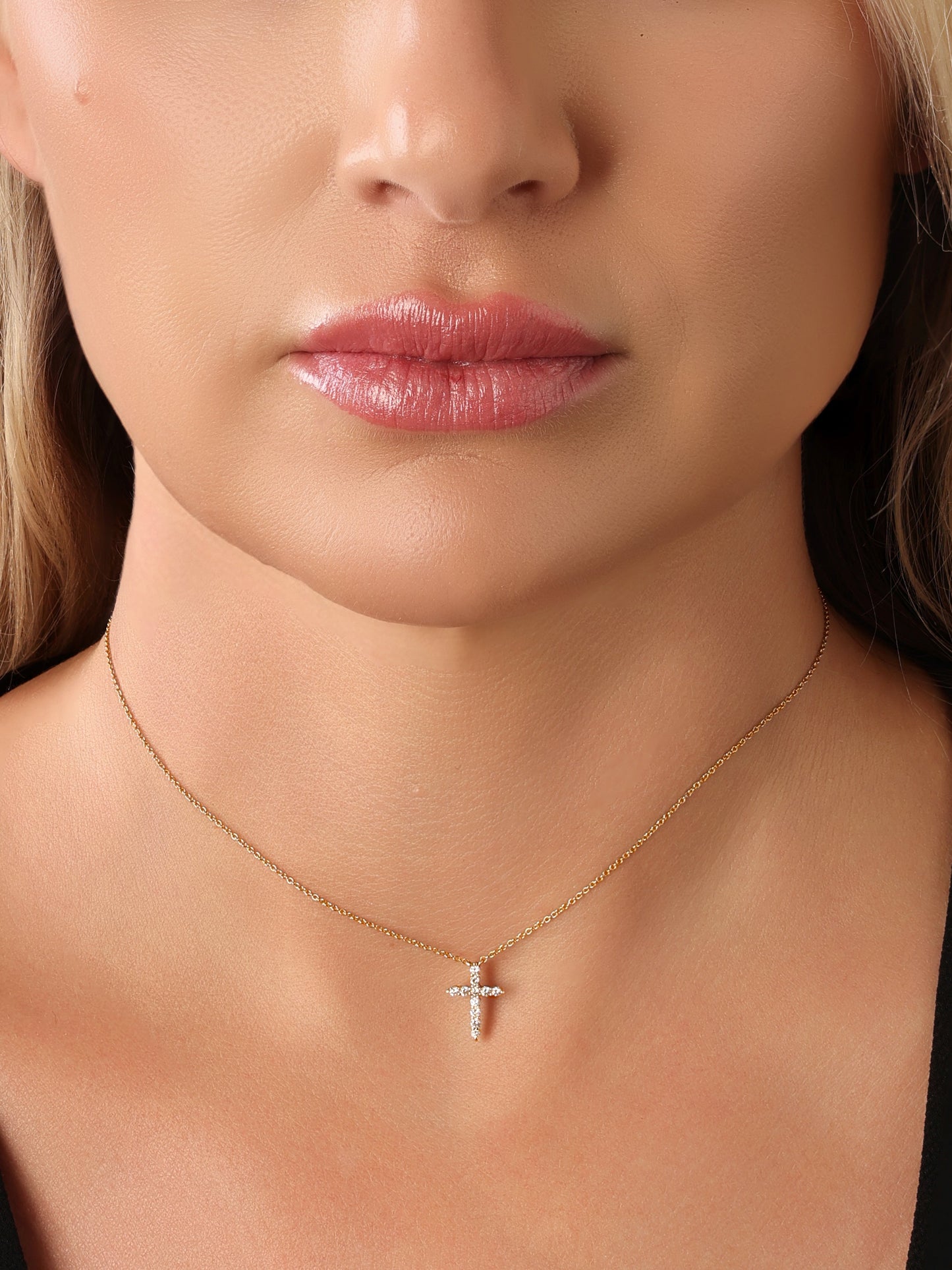 14k Yellow Gold Diamond Small Cross Necklace