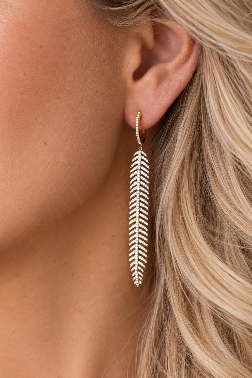 14k Yellow Gold Diamond Feather Earrings