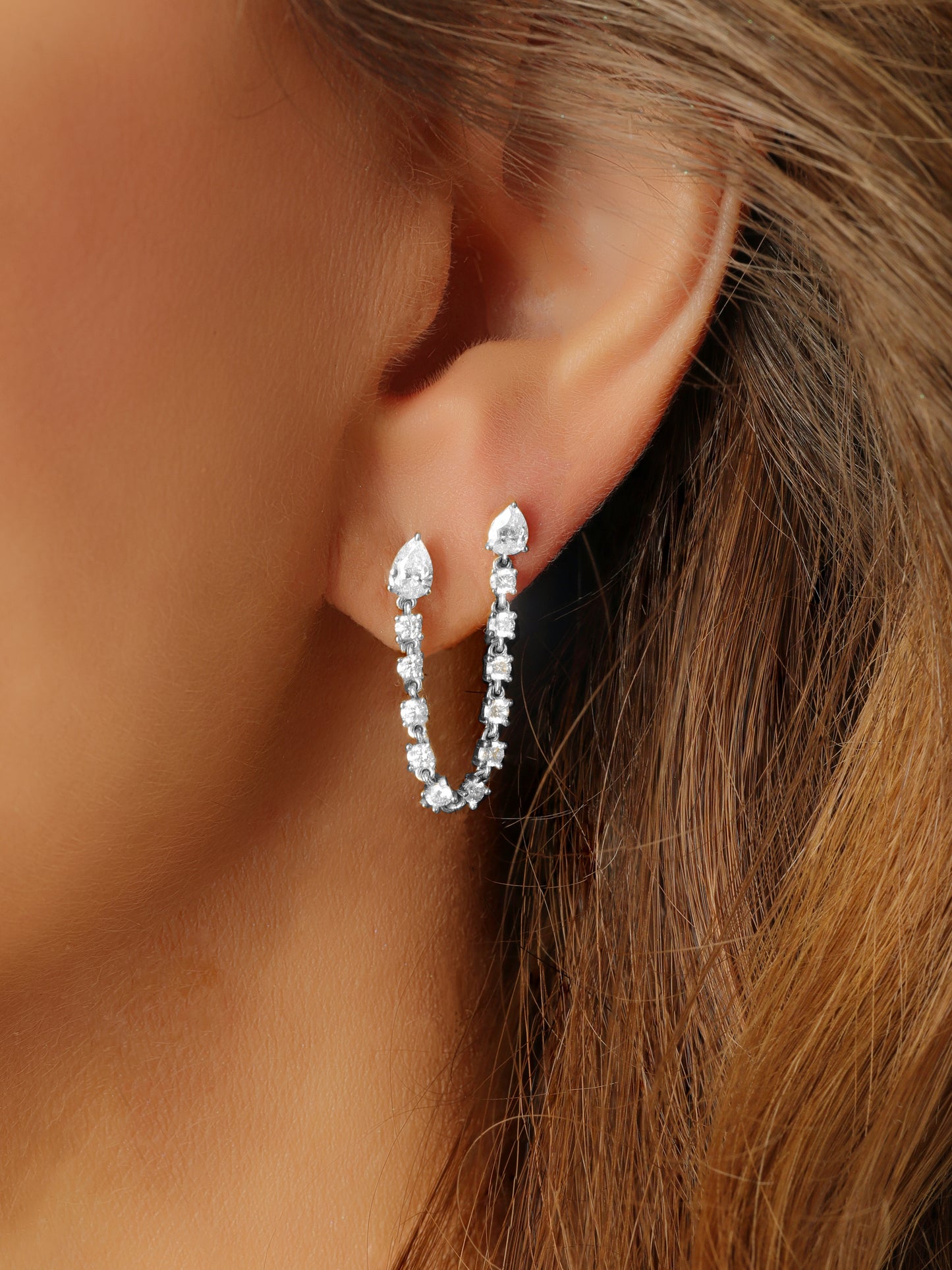 14k White Gold Diamond Double Pear Post Chain Earrings