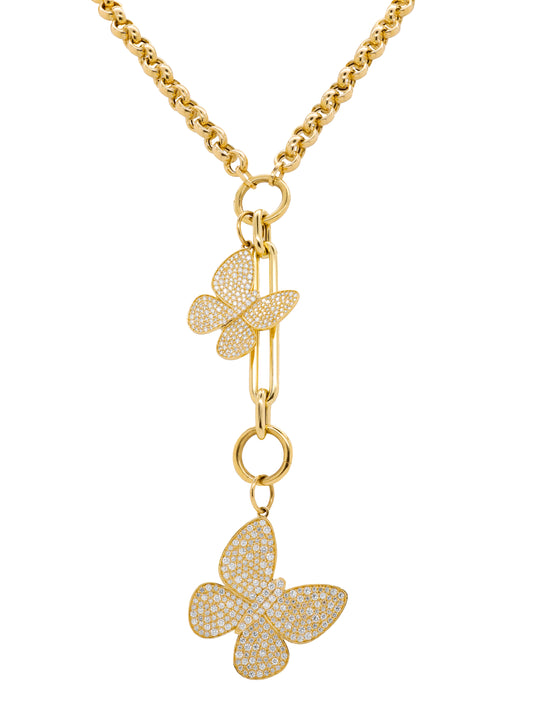 14k Yellow Gold Rolo Diamond Double Large Butterfly Charm Necklace