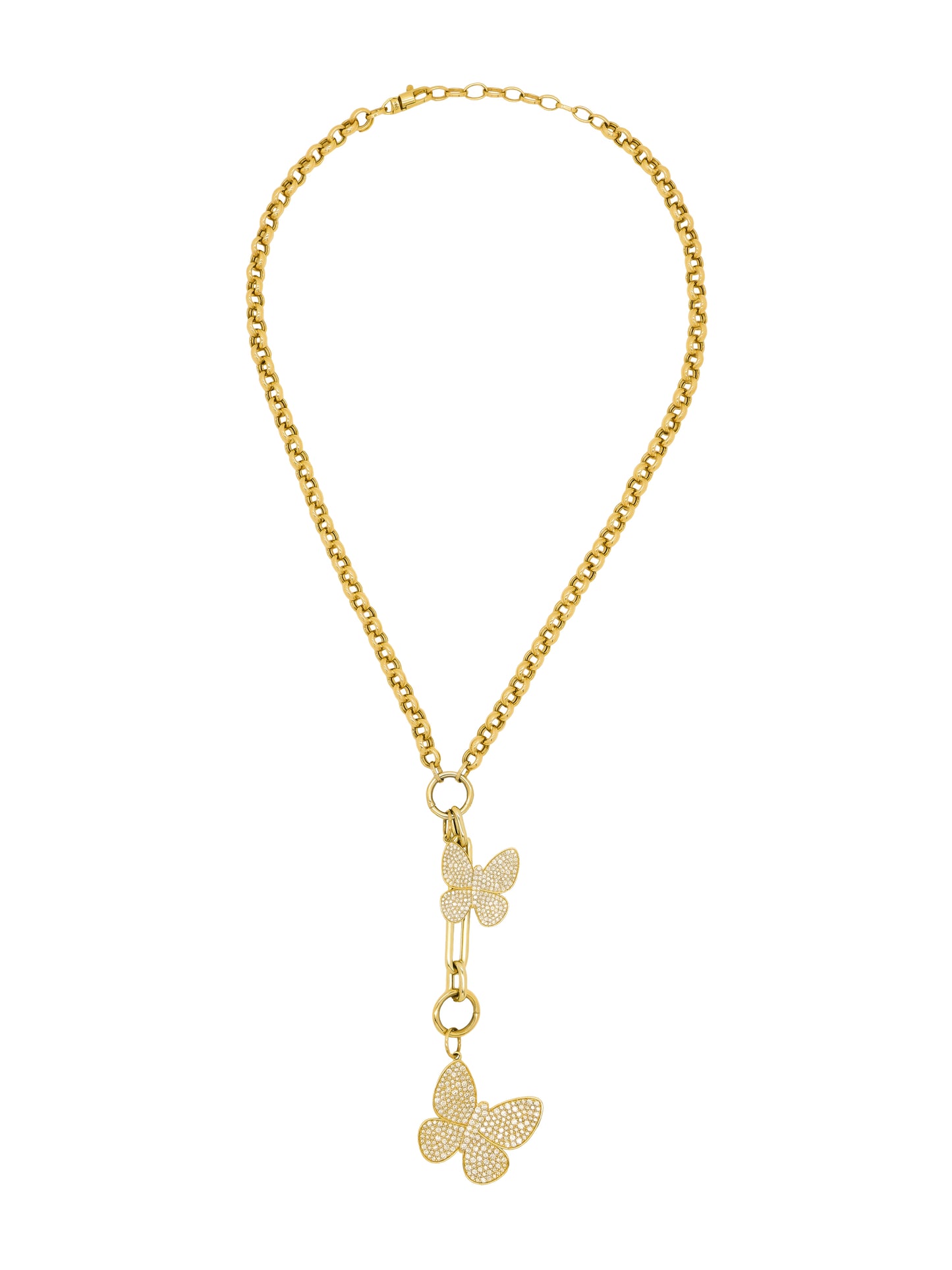 14k Yellow Gold Rolo Diamond Double Large Butterfly Charm Necklace