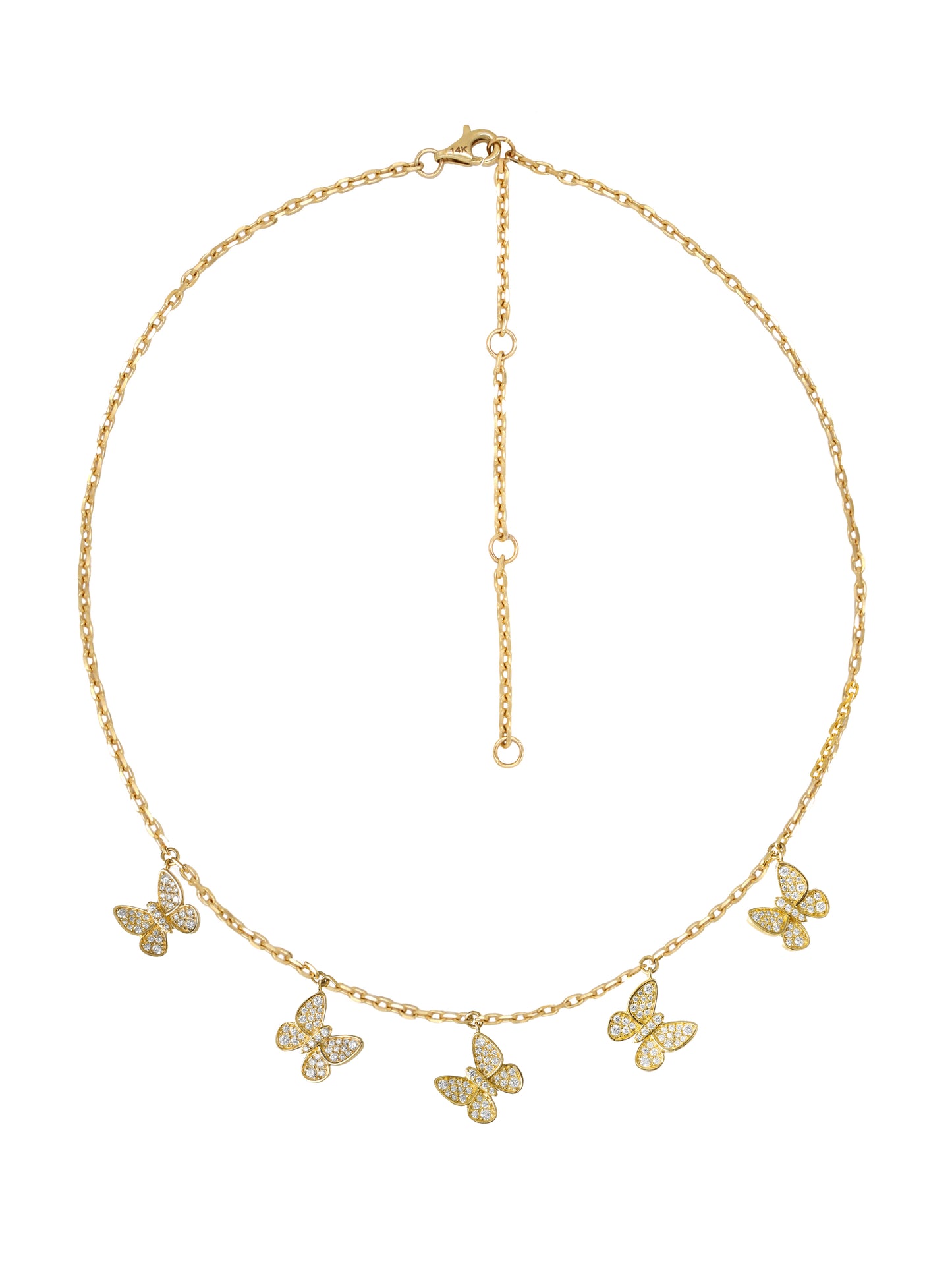 14k Yellow Gold Diamond 5 Dangle Butterfly Necklace