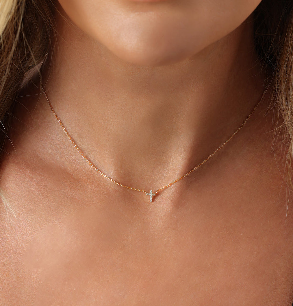 14k Yellow Gold Diamond Mini Cross Necklace