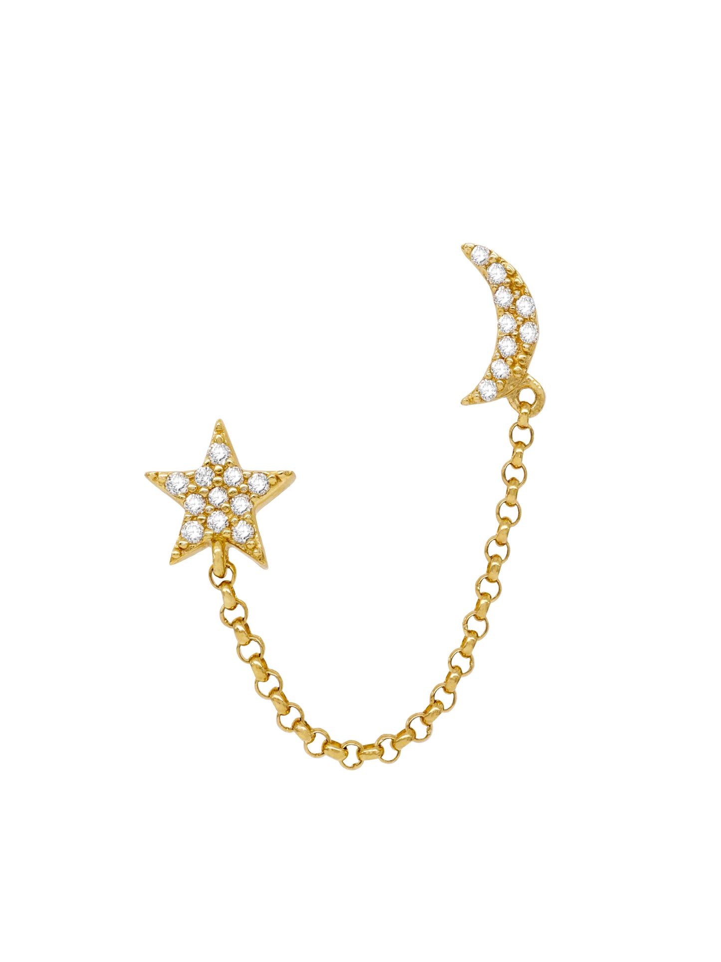 14k Yellow Gold Diamond Double Star/Moon Post Chain Earrings