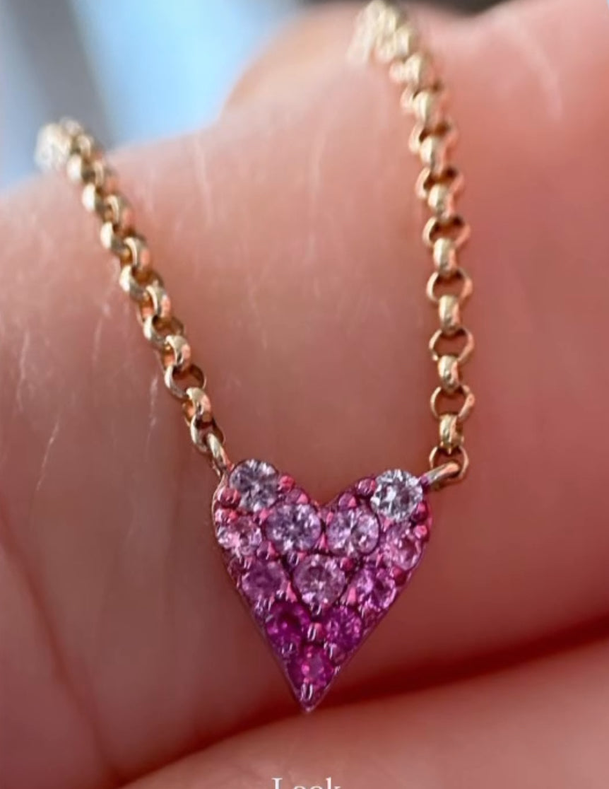 14k Yellow Gold Ombré Pink Sapphire Heart Necklace