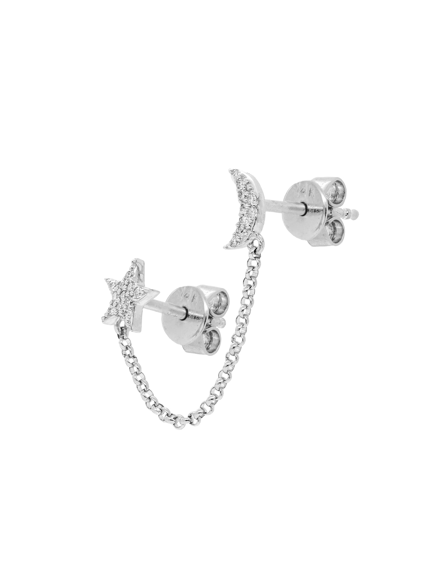14k White Gold Diamond Double Star/Moon Post Chain Earrings