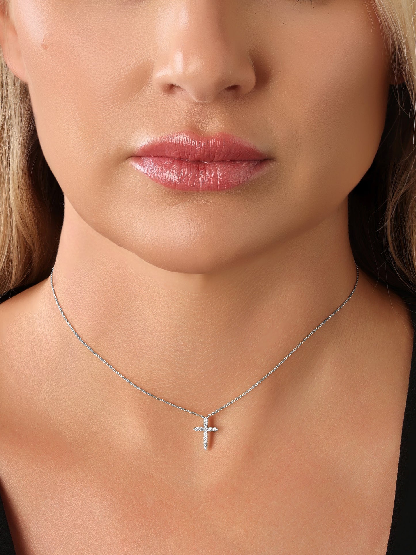 14k White Gold Diamond Small Cross Necklace