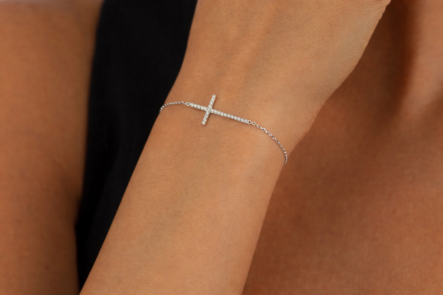 14k White Gold Diamond Large Cross Bracelet