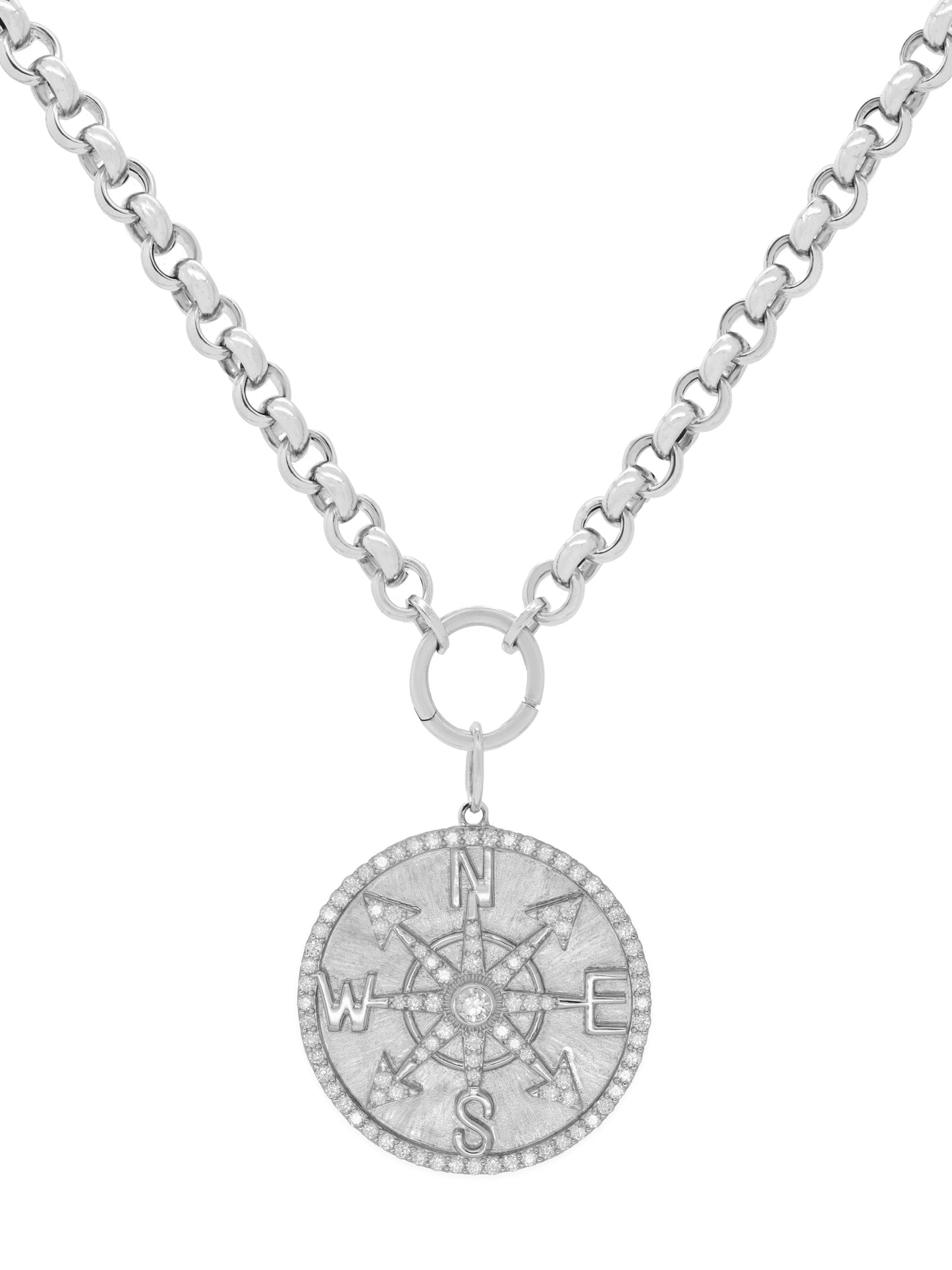 14k White Gold Diamond Large Compass Coin Charm