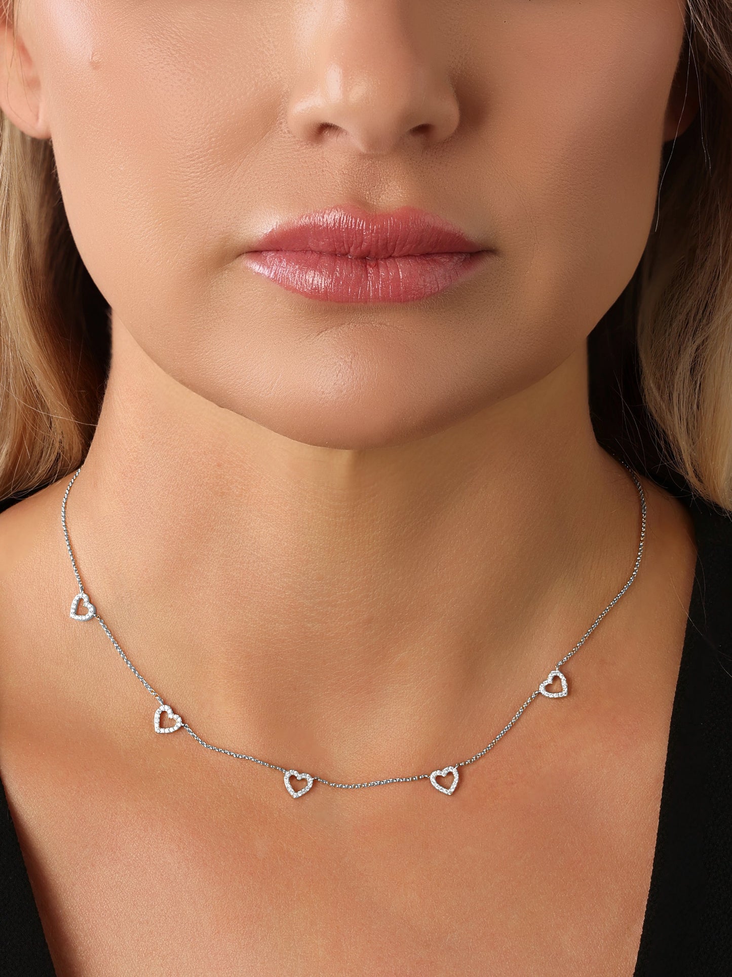 14k White Gold Diamond 5 Heart Necklace