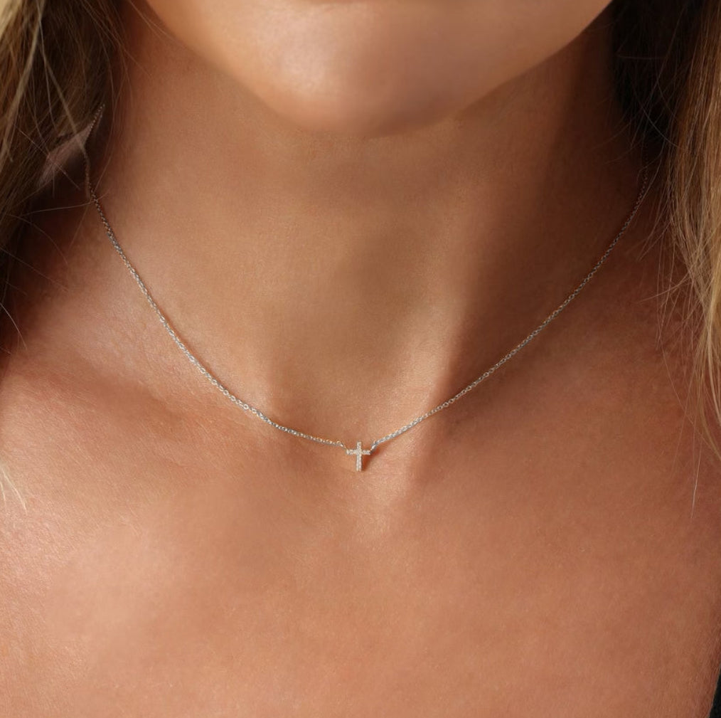 14k White Gold Diamond Mini Cross Necklace