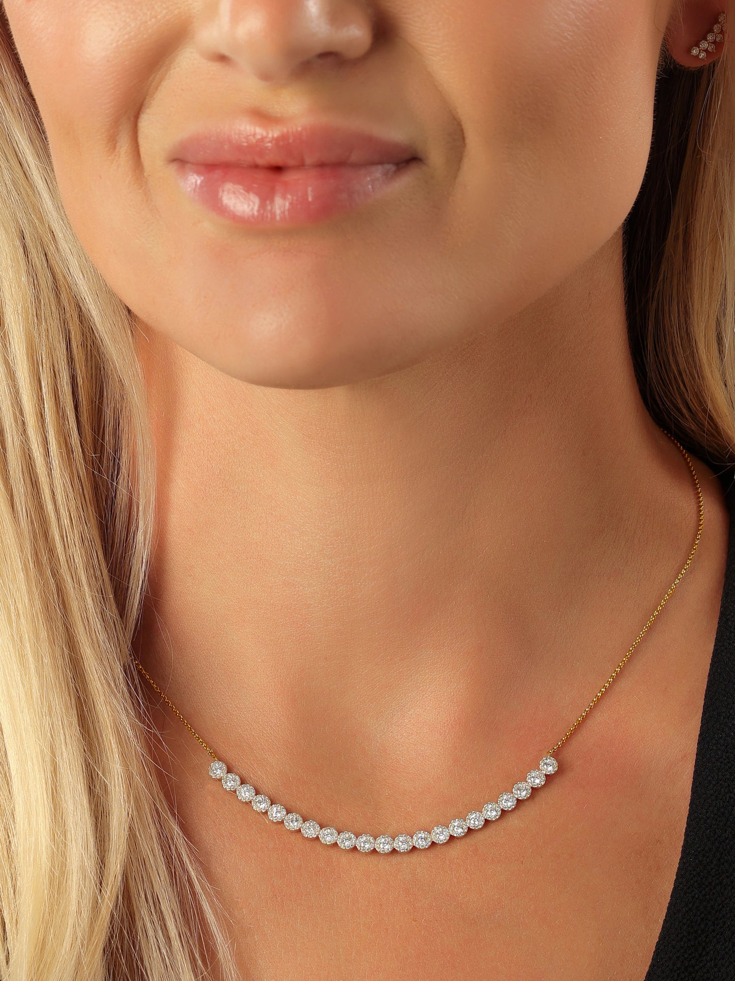 14k Yellow Gold Diamond Curved Halo Bar Necklace